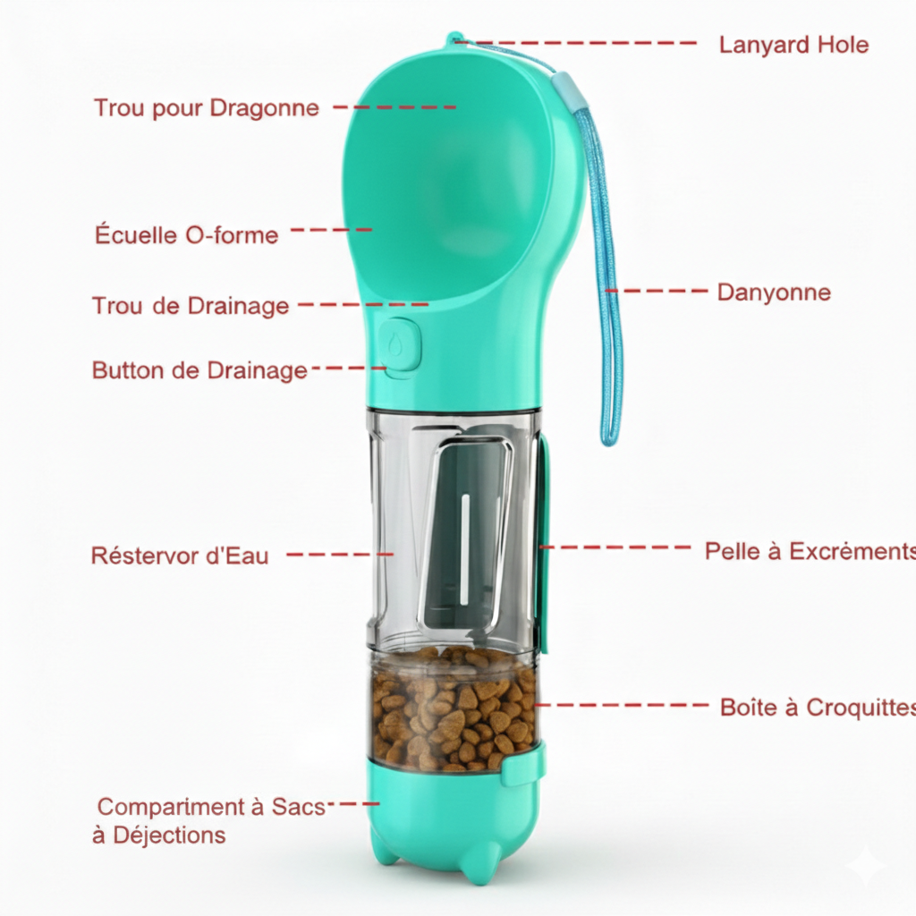 Bouteille d'Eau Portable 3-en-1 et Distributeur de Nourriture pour Chien